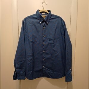 J. Crew Secret Wash Shirt Slim Untiked Fit Blue Floral Geo Pattern- Size L